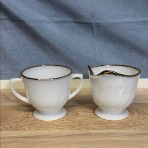Anchor Hocking Fire King Swirl Milk Glass Gold Rim Creamer/Sugar Bowl set